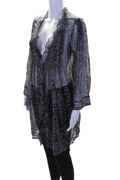 Joie Womens Silk Navy Floral V-neck Long Sleeve Tunic Blouse Top Size L