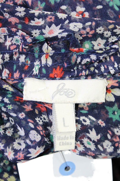 Joie Womens Silk Navy Floral V-neck Long Sleeve Tunic Blouse Top Size L