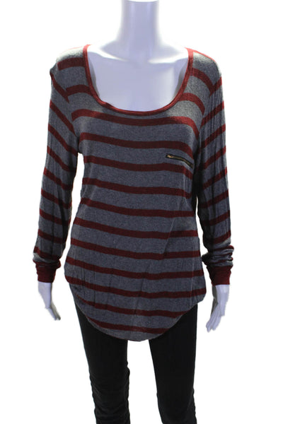 LNA Womens Red Gray Striped Scoop Neck Long Sleeve Tunic Top Size L