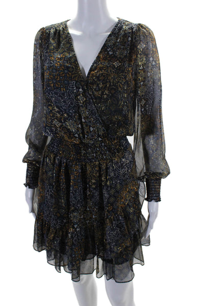 Michael Michael Kors Womens V Neck Abstract Print Long Sleeve Dress Blue Small