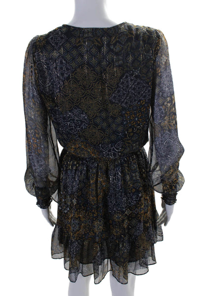 Michael Michael Kors Womens V Neck Abstract Print Long Sleeve Dress Blue Small