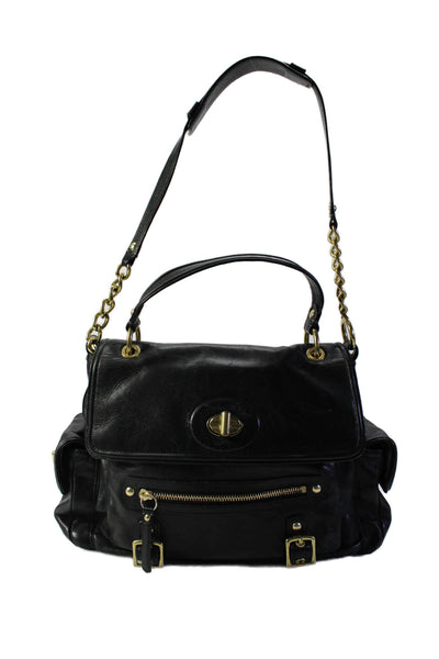 Coach Womens Pocket Front Turnlock Flap Satchel Handbag Black Leather