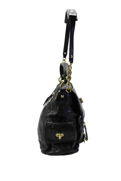 Coach Womens Pocket Front Turnlock Flap Satchel Handbag Black Leather