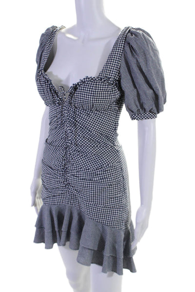 Jonathan Simkhai Womens Gingham Puff Sleeve Gathered Bodycon Dress Blue Size 0