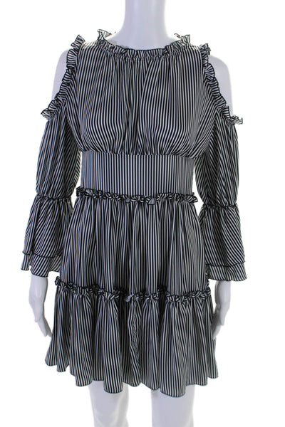 Maje Womens Cold Shoulder Striped Tiered Ruffle Trim Dress Black White Size 1