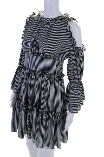 Maje Womens Cold Shoulder Striped Tiered Ruffle Trim Dress Black White Size 1