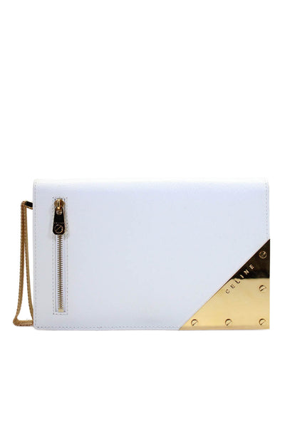 Celine Womens Leather Patchwork Chained Handle Wristlet Clutch Handbag White