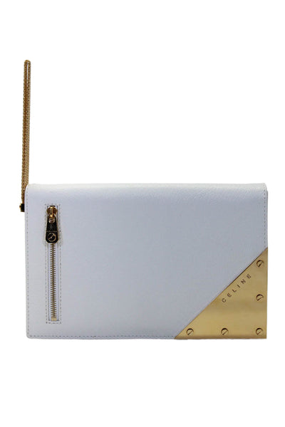 Celine Womens Leather Patchwork Chained Handle Wristlet Clutch Handbag White