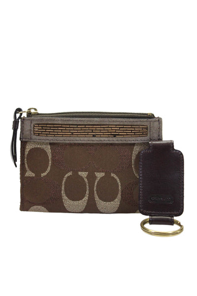 Coach Womens Monogram Metallic Print Textured Zipped Keychain Coin Wallet Brown