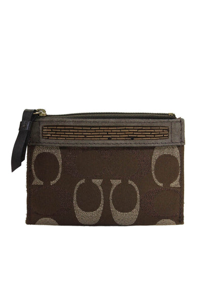 Coach Womens Monogram Metallic Print Textured Zipped Keychain Coin Wallet Brown