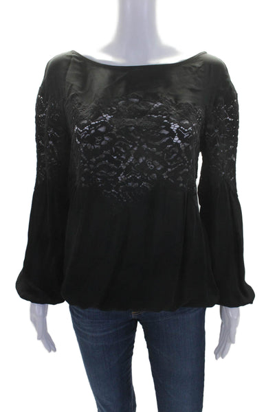 Ramy Brook Women's Round Neck Long Sleeves Lace Trim Blouse Black Size XS