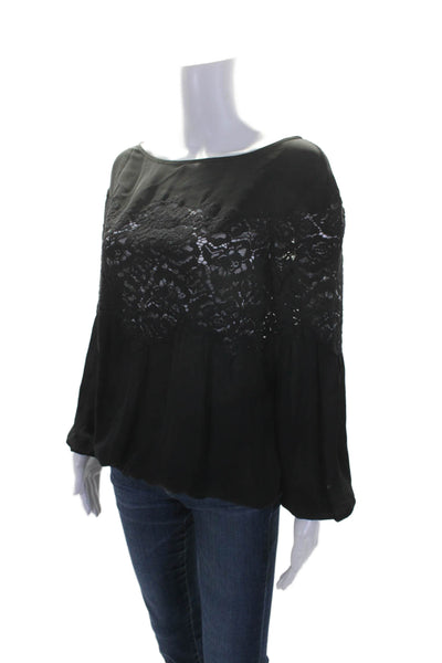 Ramy Brook Women's Round Neck Long Sleeves Lace Trim Blouse Black Size XS