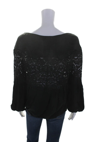 Ramy Brook Women's Round Neck Long Sleeves Lace Trim Blouse Black Size XS