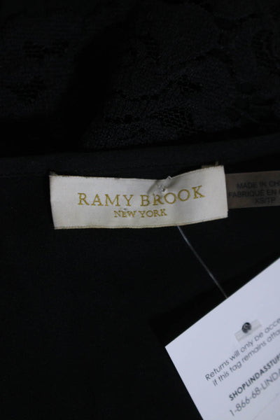 Ramy Brook Women's Round Neck Long Sleeves Lace Trim Blouse Black Size XS