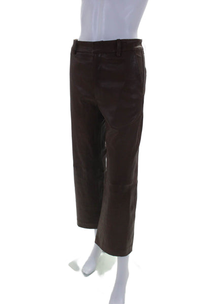 SPRWMN Womens Leather Four Pocket Mid-Rise Wide Leg Pants Trousers Brown Size XS