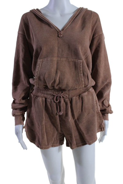 FP Beach Women's Hood Long Sleeves Cinch Waist Shorts Romper Brown Size XS