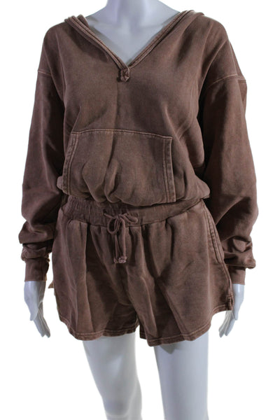 FP Beach Women's Hood Long Sleeves Cinch Waist Shorts Romper Brown Size XS