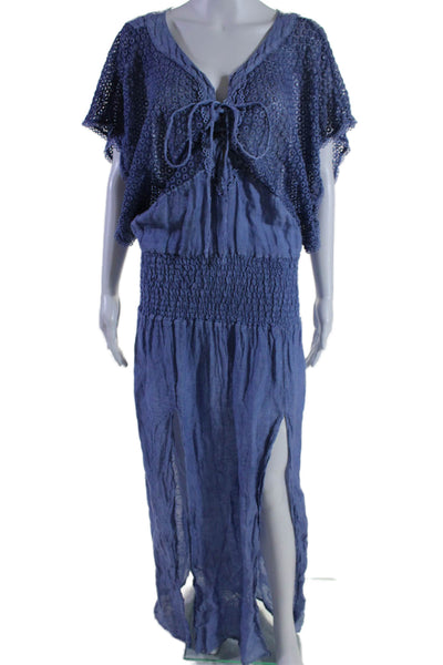 Sunday Tropez Women's Round Neck Short Sleeves Slit Hem Maxi Dress Blue Size S