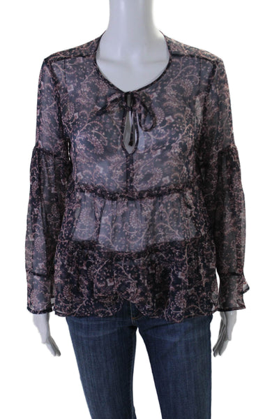 Joie Womens Silk Paisley Print V-Neck Long Flounce Sleeve Blouse Black Size S