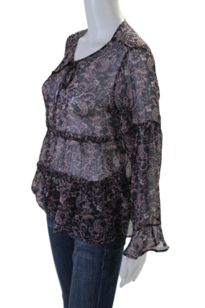 Joie Womens Silk Paisley Print V-Neck Long Flounce Sleeve Blouse Black Size S