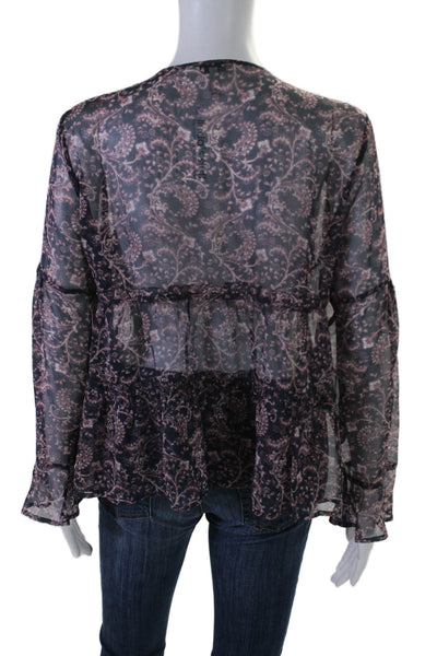 Joie Womens Silk Paisley Print V-Neck Long Flounce Sleeve Blouse Black Size S