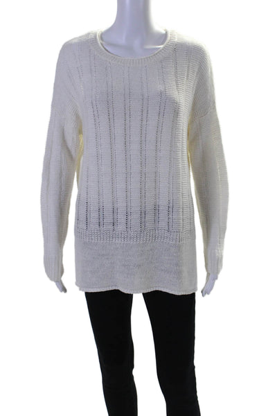 Vince Womens Linen White Open Knit Crew Neck Long Sleeve Sweater Top Size S