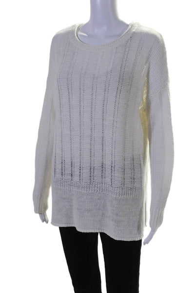 Vince Womens Linen White Open Knit Crew Neck Long Sleeve Sweater Top Size S