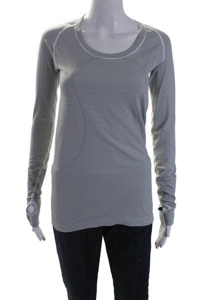 Lululemon Womens Stretch Striped Scoop Neck Long Sleeve T-Shirt Top White Size 6