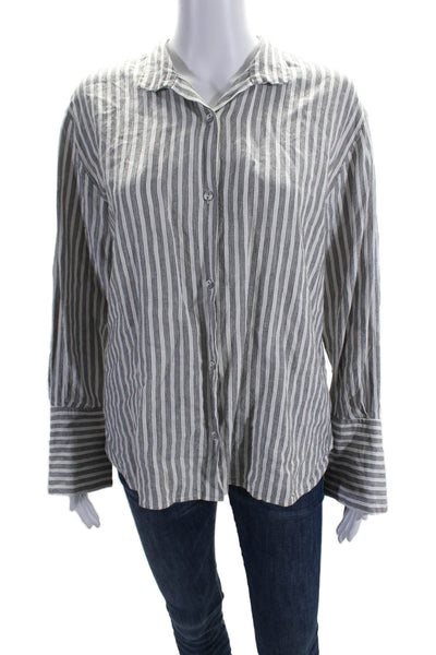 Frame Womens Linen Striped Button Down Shirt Off White Black Size Extra Small