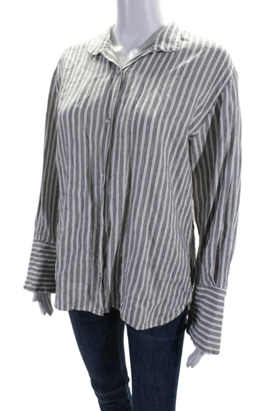 Frame Womens Linen Striped Button Down Shirt Off White Black Size Extra Small