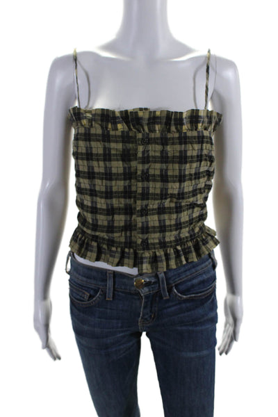 Ganni Womens Plaid Button Down Tank Top Green Black Cotton Size EUR 38