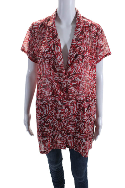 Muze Womens Abstract Print Short Sleeves Button Down Shirt White Red Size Medium