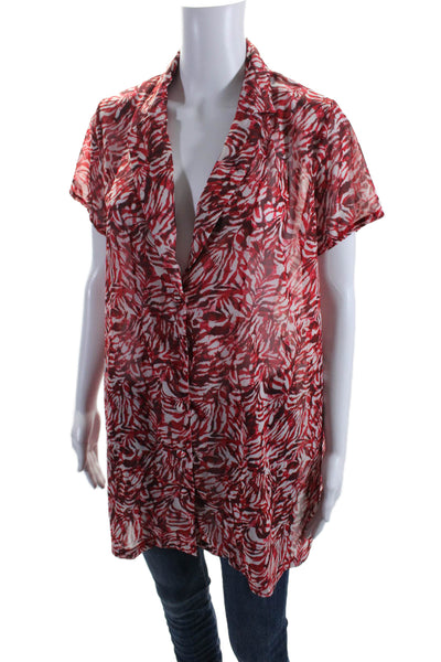 Muze Womens Abstract Print Short Sleeves Button Down Shirt White Red Size Medium