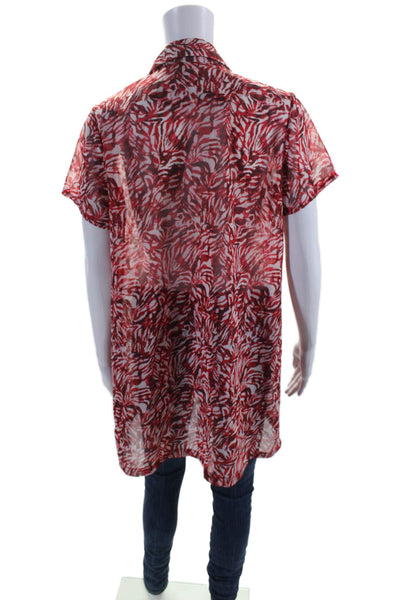 Muze Womens Abstract Print Short Sleeves Button Down Shirt White Red Size Medium