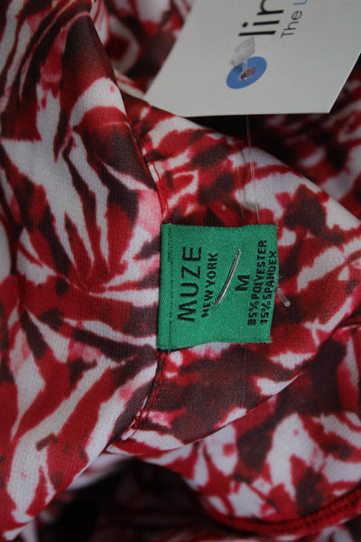 Muze Womens Abstract Print Short Sleeves Button Down Shirt White Red Size Medium