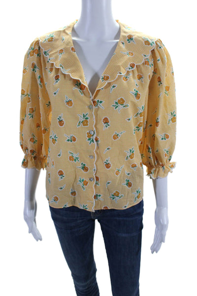 Rixo Womens Floral Print Button Down Short Sleeves Shirt Yellow White Size 6