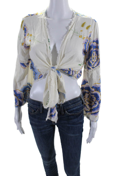 Z&L Europe Womens Floral Print Long Sleeves Wrap Blouse White Size Large