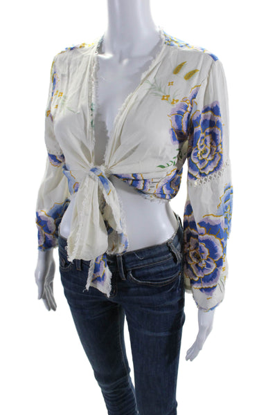 Z&L Europe Womens Floral Print Long Sleeves Wrap Blouse White Size Large