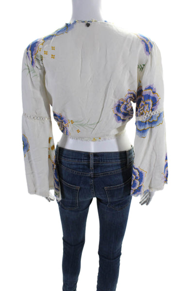 Z&L Europe Womens Floral Print Long Sleeves Wrap Blouse White Size Large