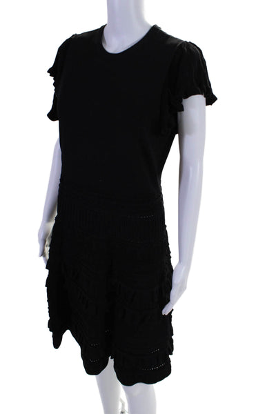 Shoshanna Womens Tight Knit Short Sleeve Crewneck A-Line Dress Black Size L