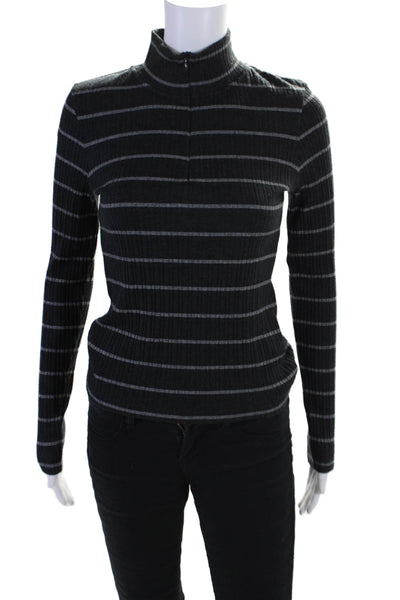 Vince Womens Striped Print Long Sleeve 1/2 Zip Mock Neck Knit Top Black Size S