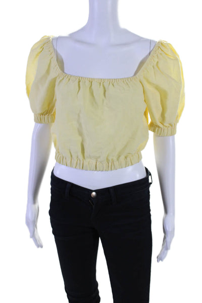 Casa Raki Womens Linen Square Neck Short Sleeve Blouse Top Yellow Size S