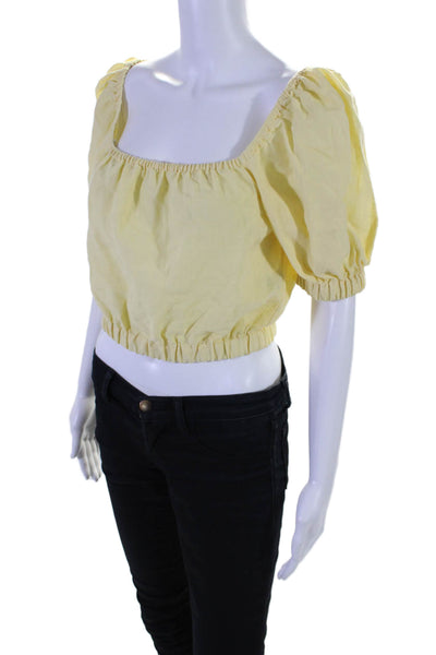 Casa Raki Womens Linen Square Neck Short Sleeve Blouse Top Yellow Size S