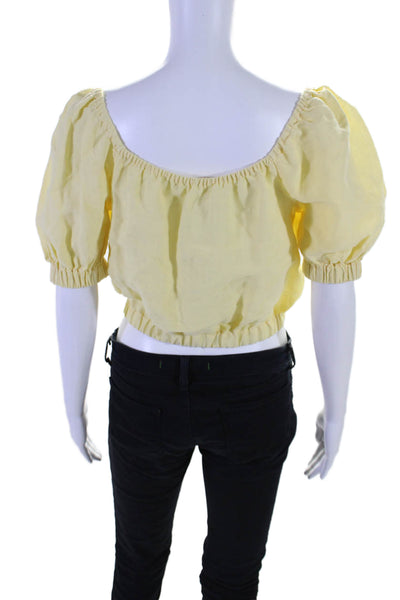 Casa Raki Womens Linen Square Neck Short Sleeve Blouse Top Yellow Size S