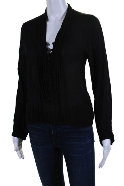 Donale St. Barth Women's  V-Neck Long Sleeves Cinch Waist Blouse Black Size S