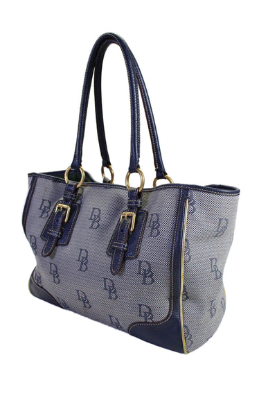 Dooney & Bourke Womens Navy Printed Canvas Leather Trim Large Tote Bag Handbag