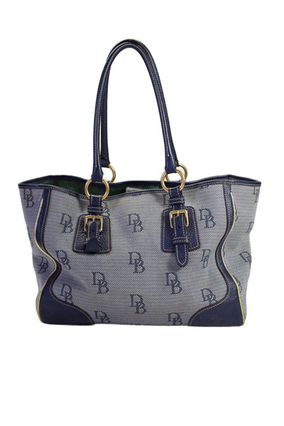 Dooney & Bourke Womens Navy Printed Canvas Leather Trim Large Tote Bag Handbag