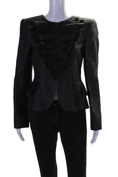 Giorgio Armani Womens Black Gray Silk Embroidered Ruffle Blazer Jacket Size 42