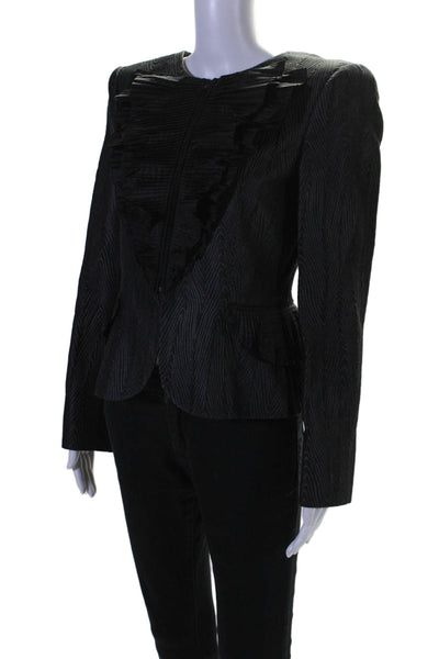 Giorgio Armani Womens Black Gray Silk Embroidered Ruffle Blazer Jacket Size 42