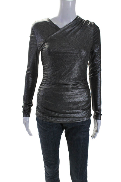 Elie Tahari Womens Long Sleeves V Neck Blouse Silver Metallic Size Extra Small